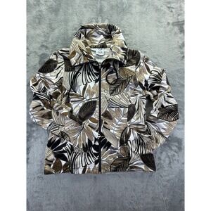 Cafe au Lait Womens Tropical Leaf Print Full Zip Jacket Brown Tan Small 5308-20